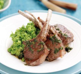 healthy lamb and mint jelly cutlets with peas