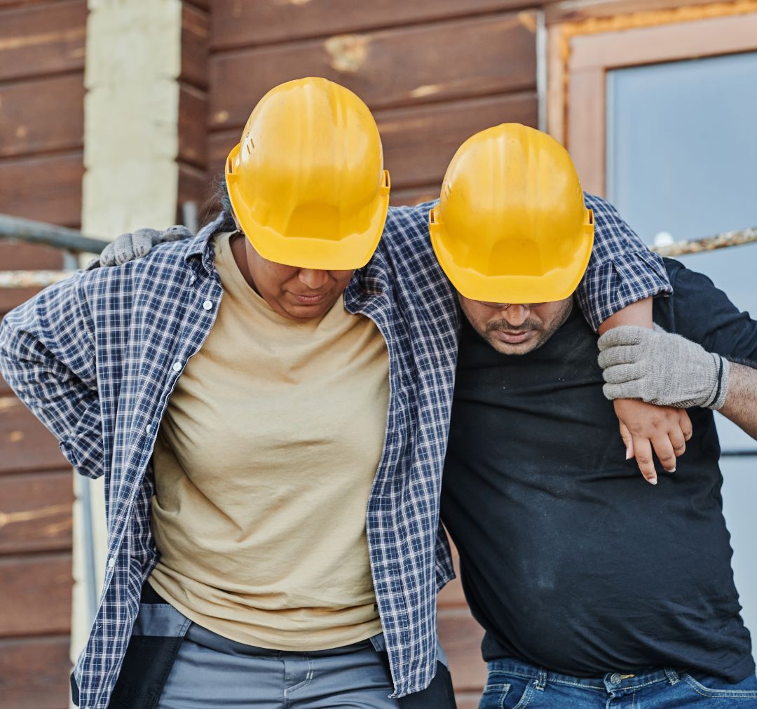 Two people on a job site, one having sustained an injury and the other helping. An example of one of the many kinds of injuries we see at Wynyard Chiropractic, whether it's sport, work, acute or chronic. Find out how we can help with your injuries.